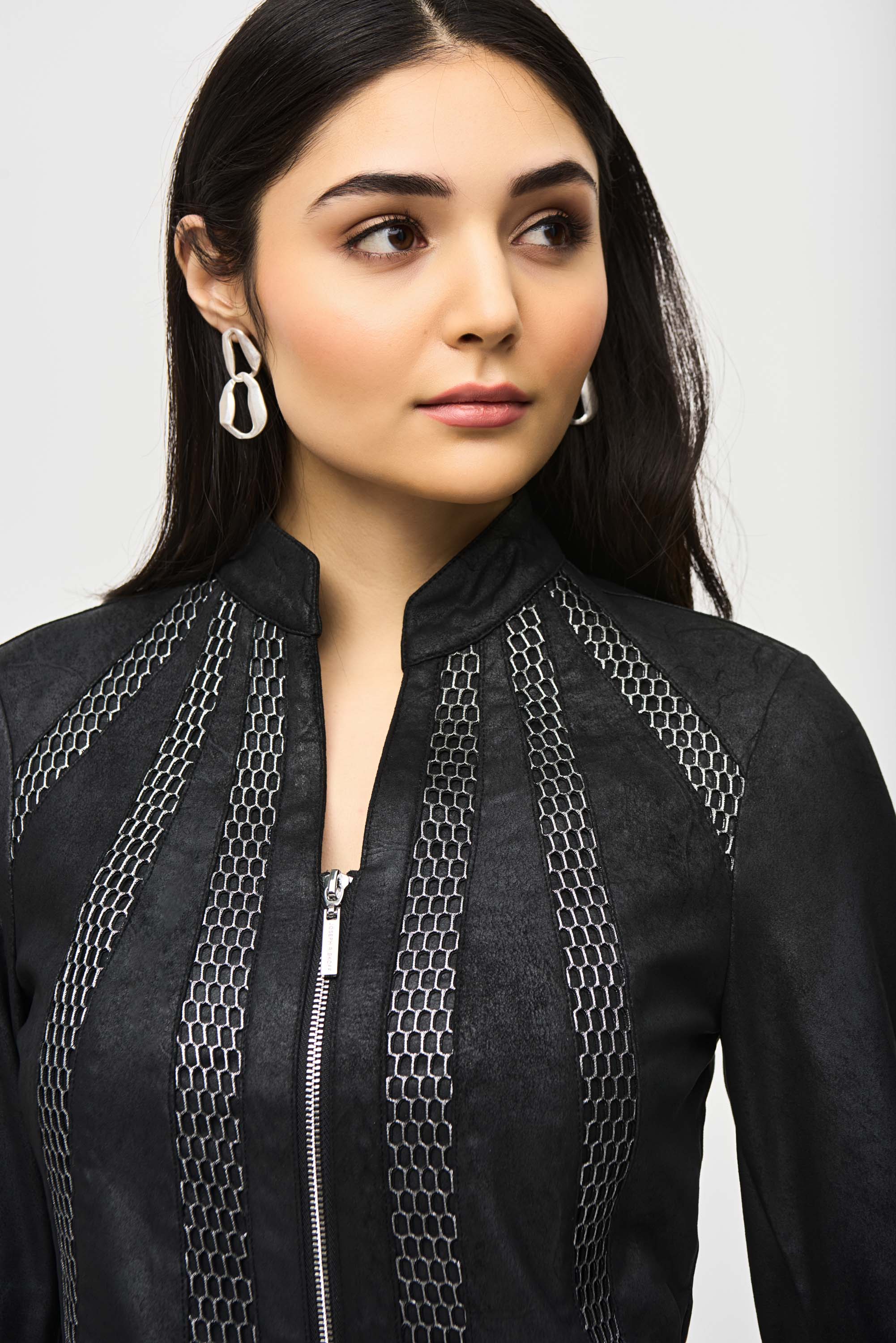 Faux Suede Jacket With Metallic Mesh Detail