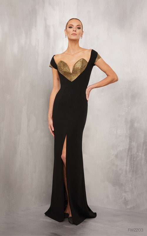 Center Slit Beaded Deep Plunge Sweetheart Neckline
