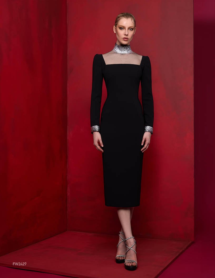 Tea-length Long Sleeve w/ Stones Trim