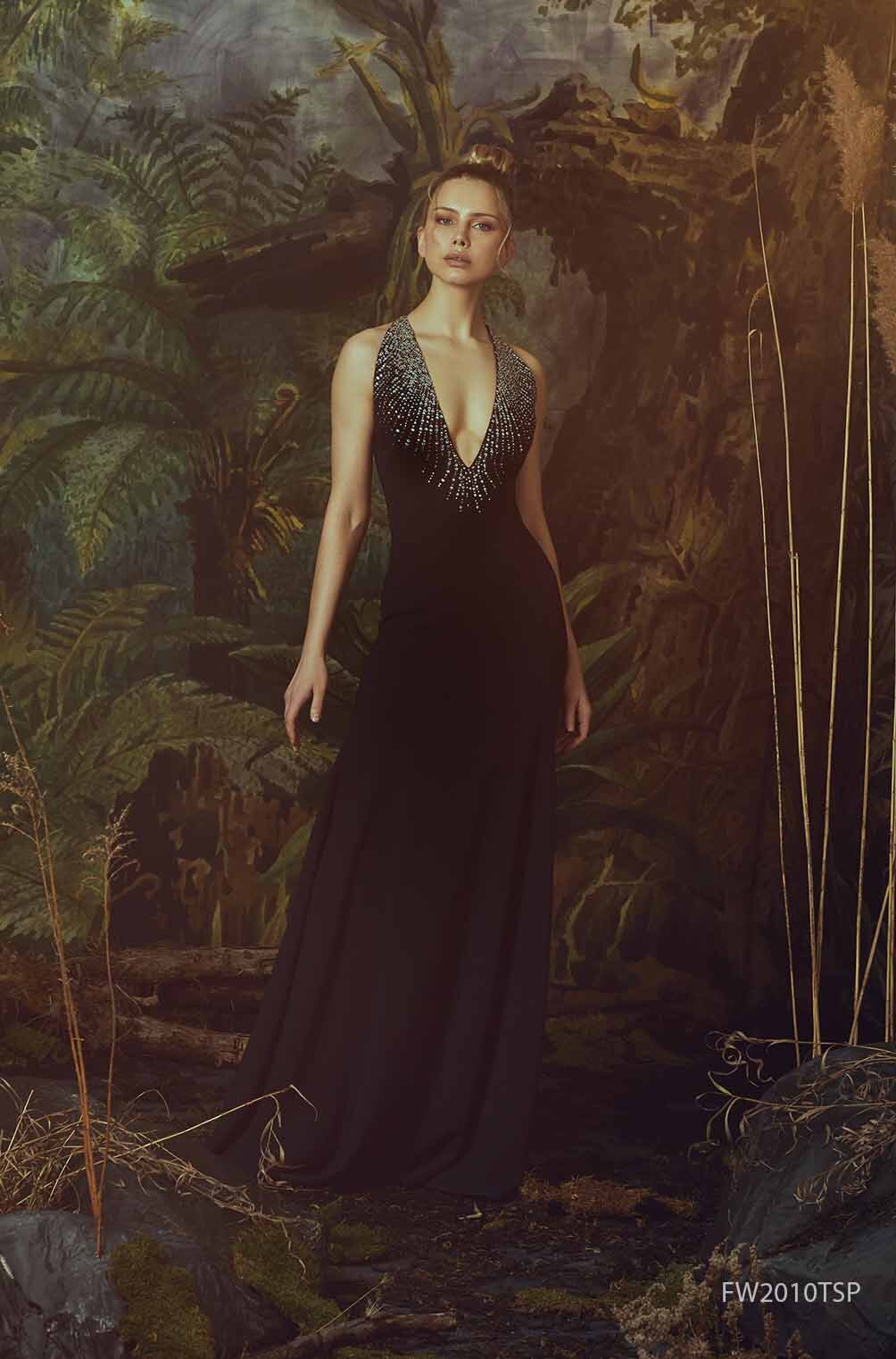 V-NECK A-LINE GOWN WITH CRYSTAL NECK DETAIL