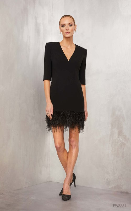 Feather Trim V Neck Dress