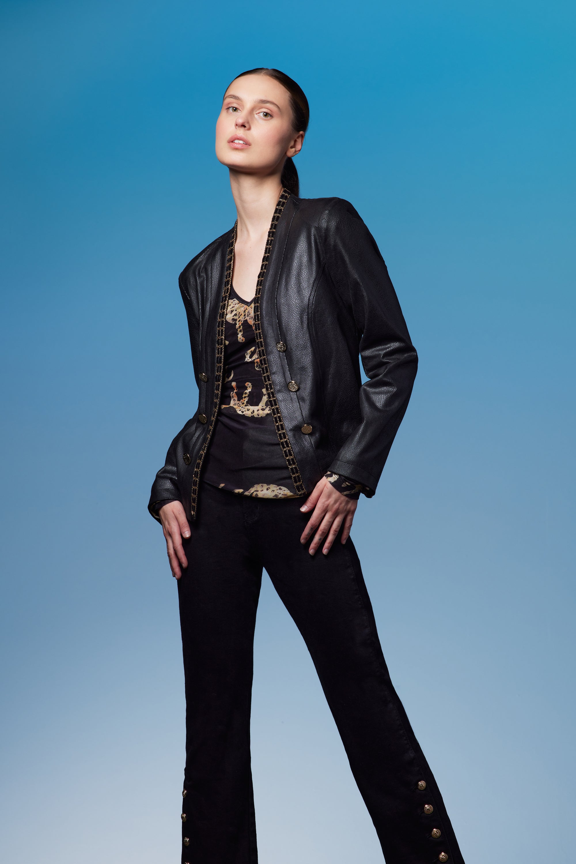 Gold Trim Embossed Pleather Jacket