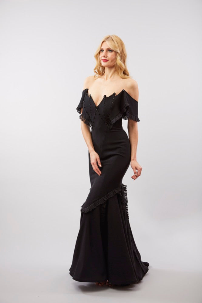 Off-the-Shoulder Crepe Mermaid Evening Gown