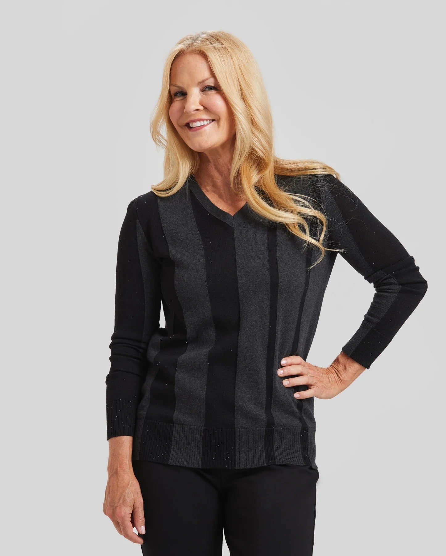 2 Tone V-neck Sweater with Stones