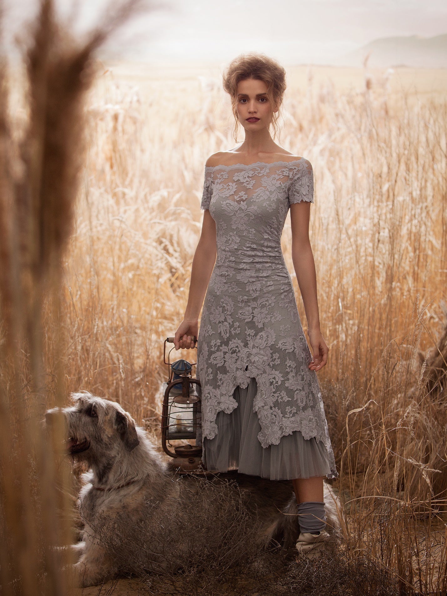 Lace Short Sleeves Off Shoulder Tea Length Dress with Tulle At Bottom