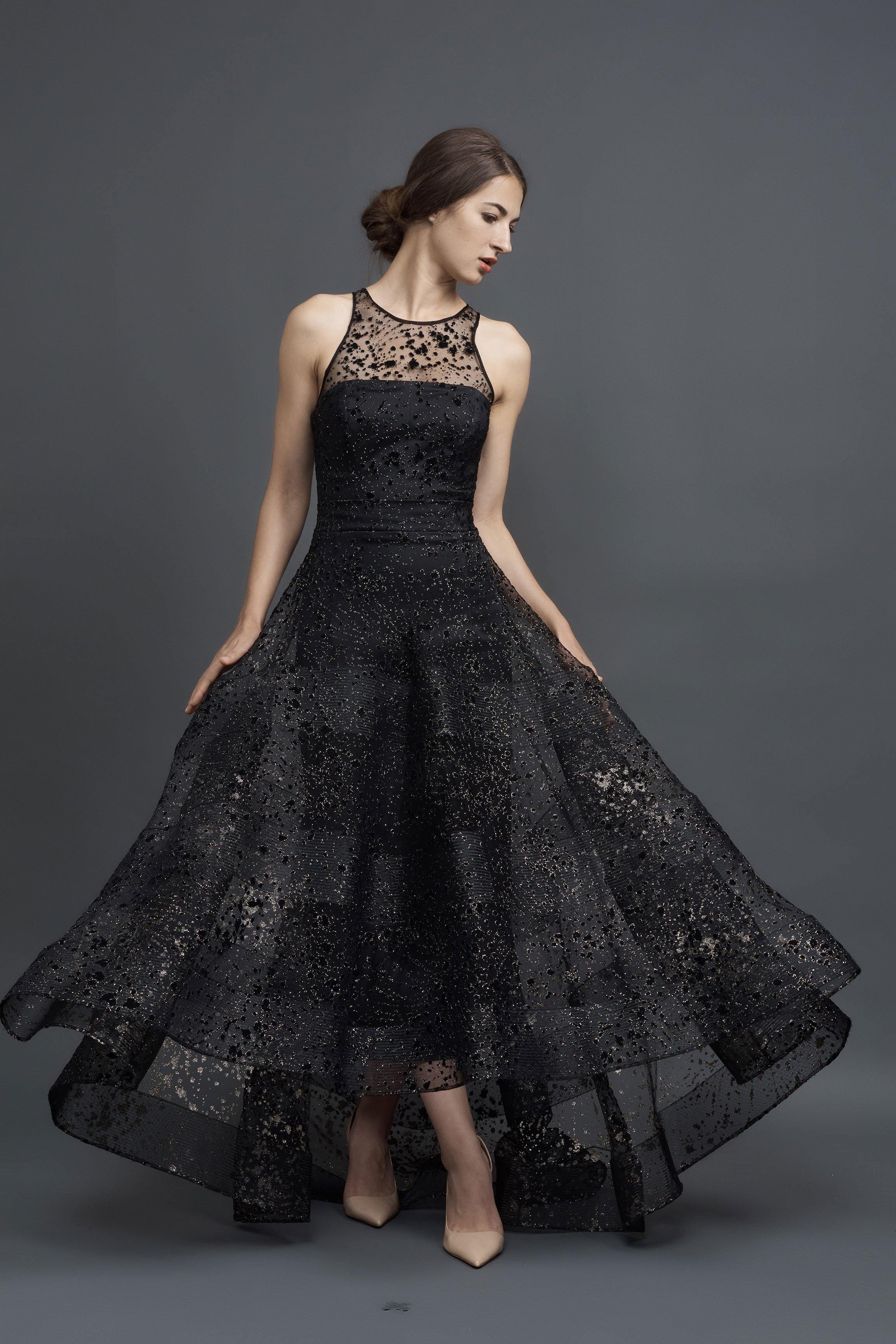 Metallic French Flocked Tuille Strapless Hi/Low Gown Horsehair Banded Swing Skirt