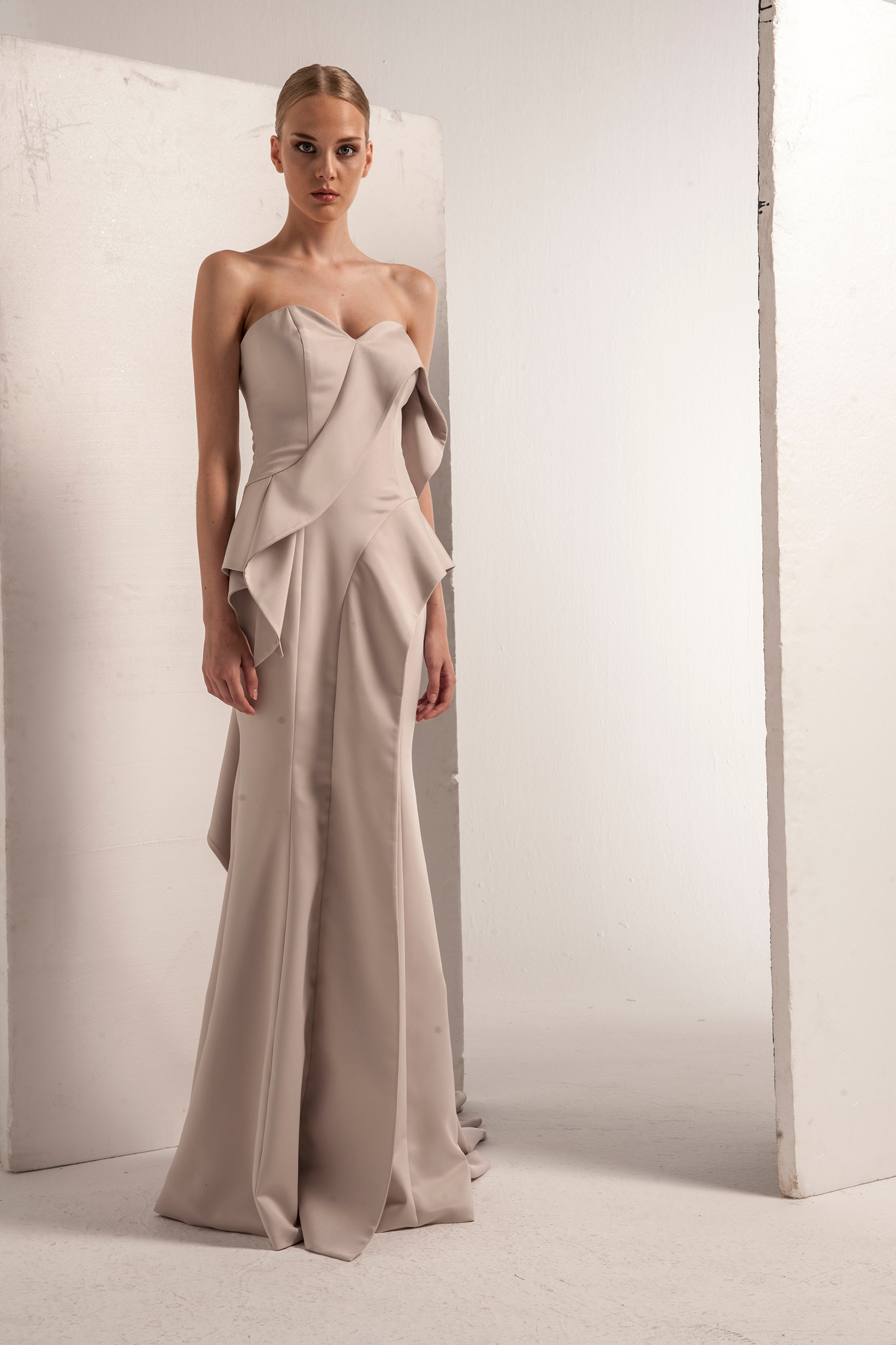 Faille Strapless Asymmetrical Gown