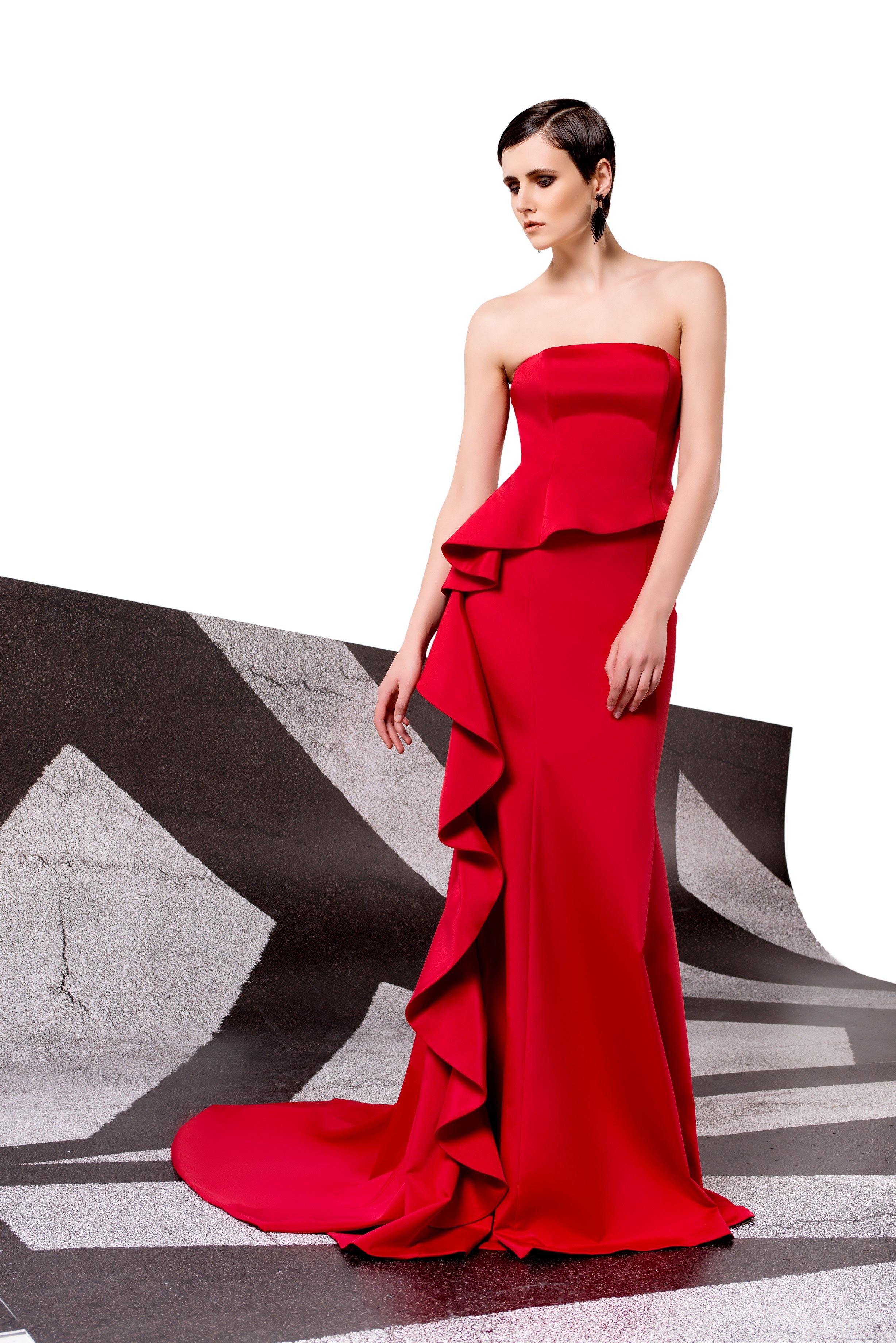 Faille Strapless Ruffle Front Gown with Asymmetrical Peplum