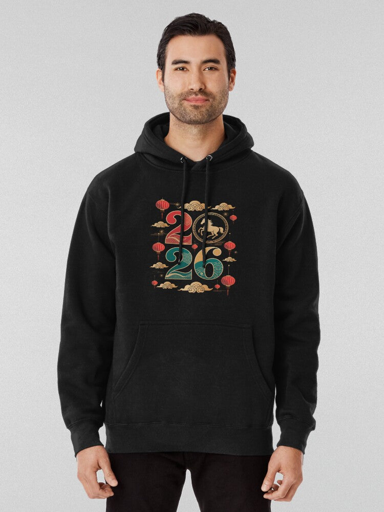 2026 Year of the Horse Lanterns and Clouds Hoodie Black