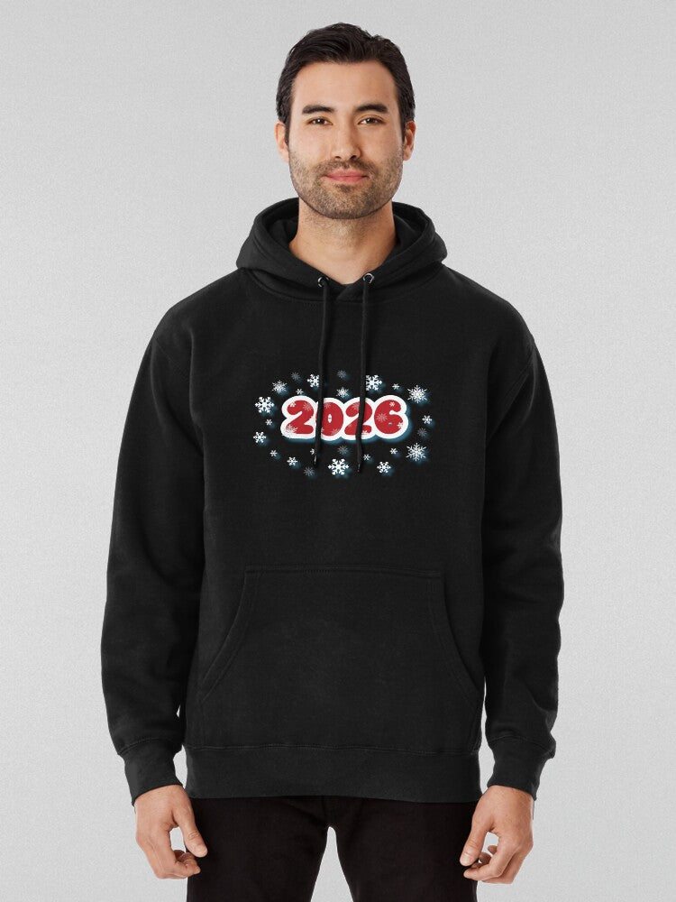Bold 2026 New Year Cartoon Typography Hoodie Black