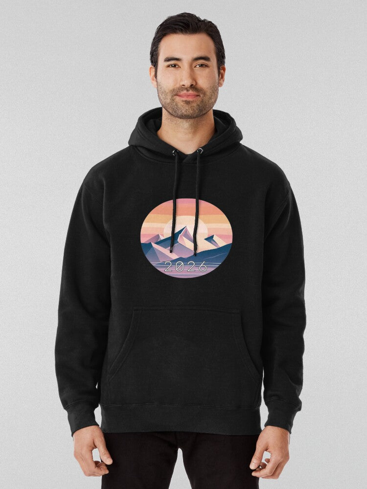 2026 Mountain Sunset Retro Futurist Hoodie Black