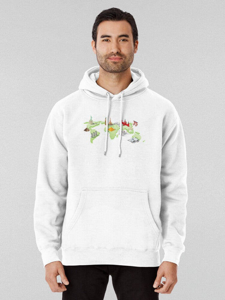 3D World Famous Landmarks Map Travel Graphic Hoodie White