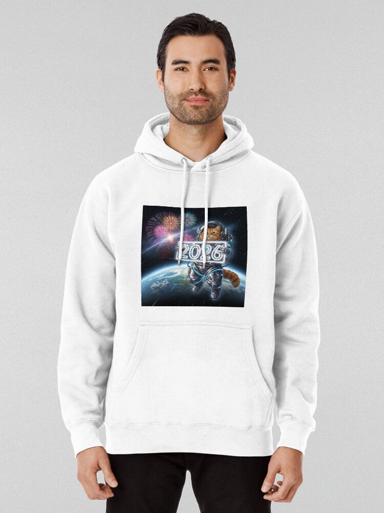 Astronaut Cat Welcoming 2026 Space New Year Hoodie White