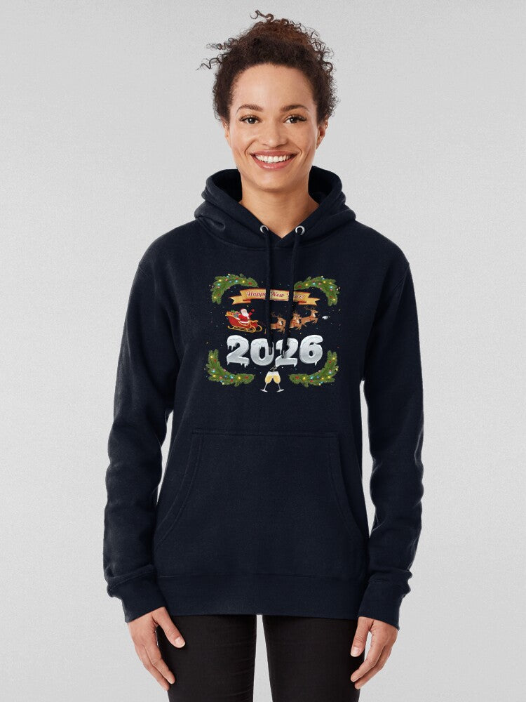 Celebrate 2026 New Year Joyful Graphic Hoodie Dark Blue
