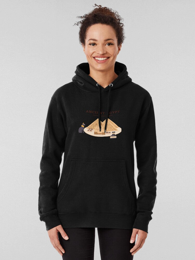 Cartoon Pyramids Sphinx and Egyptian Cat Art Hoodie Black