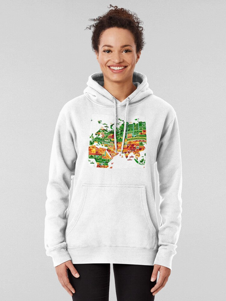 Cartoon World Map Sightseeing Attractions Travel Hoodie White